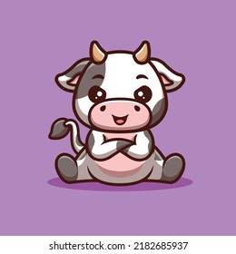 Cow Sitting Angry Cute Creative Kawaii Cartoon Mascot Logo