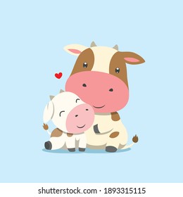 The cow is sitting beside her daughter of the baby cow of illustration