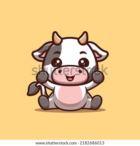 Cow Sitting Excited Cute Creative Kawaii Cartoon Mascot Logo