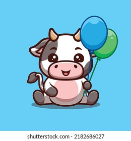 Cow Sitting Hold Balloon Cute Creative Kawaii Cartoon Mascot Logo
