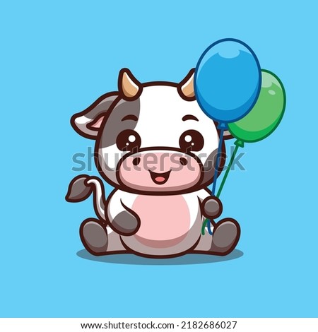 Cow Sitting Hold Balloon Cute Creative Kawaii Cartoon Mascot Logo