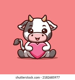 Cow Sitting Love Cute Creative Kawaii Cartoon Mascot Logo