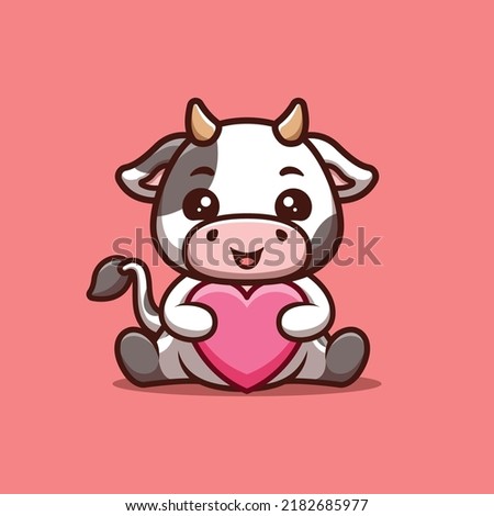 Cow Sitting Love Cute Creative Kawaii Cartoon Mascot Logo