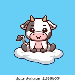 Vaca Sentada En Nube Con El Logotipo De Mascota De Caricatura Creativa Kawaii