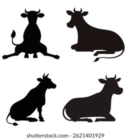 Cow Sitting on Ground Silhouette Vector Bundle Set
