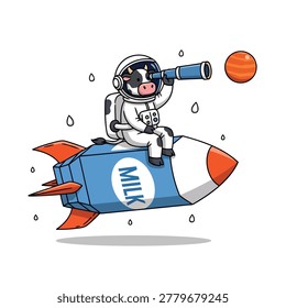 The cow sitting on top of a milk carton that is shaped like a small rocket. The cow is looking through a telescope towards a far-off orange planet. Flat vector mascot illustration.