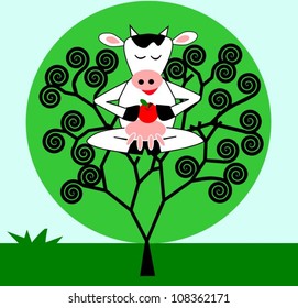 Cow is sitting on the tree
