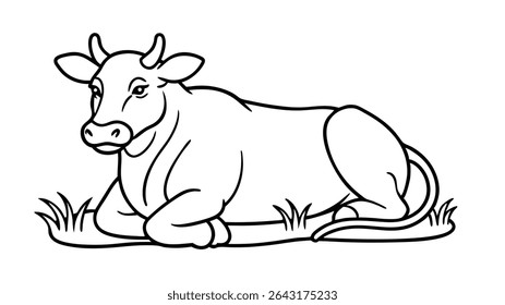 Cow Sitting Peacefully On Grass Outline.