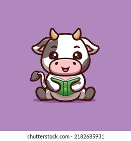 Cow Sitting Reading Book Cute Creative Kawaii Cartoon Mascot Logo