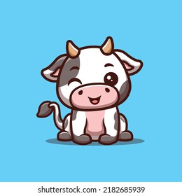 Cow Sitting Winking Cute Creative Kawaii Cartoon Mascot Logo