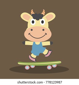 cow the skateboarder, vector cartoon illustration