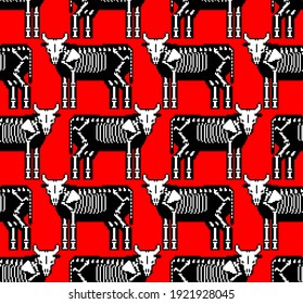 Cow skeleton pixel art pattern seamless. 8 bit Farm animal bones background. Bull anatomy texture. vector ornament