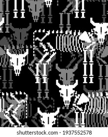 Cow skeleton pixel art pattern seamless. 8 bit Farm animal bones background. Bull anatomy texture. vector ornament
