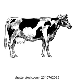 Cow sketch vintage animal black and white vector realistic illustration.