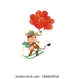 A cow skiing with red heart shaped balloons. Vector illustration.