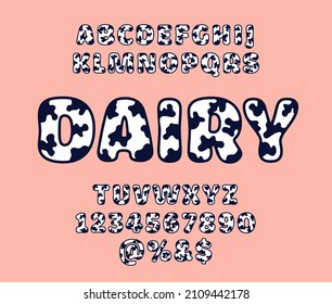 Cow skin alphabet. Cow spots pattern typeface. Milk company font.  Dairy cute soft plump alphabet. Dairy product packaging decor. Agriculture farm fresh hand drawn lettering