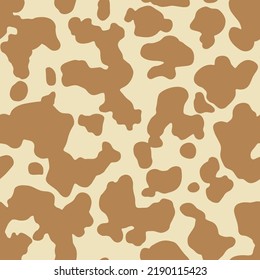 Cow skin in brown and light beige spotted, seamless pattern, animal texture. Vector background