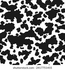 Cow skin grunge ink texture, black and white spot repeated seamless hand drawn pattern. Animal print stains. Vector