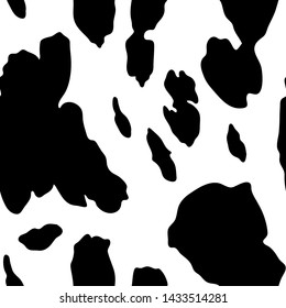 Cow skin imitation seamless pattern. Vector print. Realistic texture of animals. Black spots isolated on white background. May be applied to clothing, paper or cloth.
