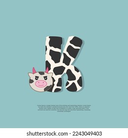 cow skin letter k with cute cow sticker doodle icon