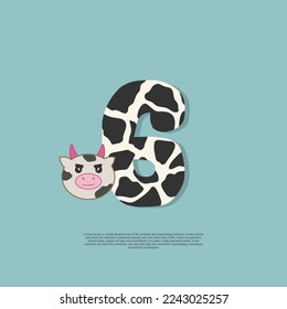 cow skin number 6 with cute cow sticker doodle icon