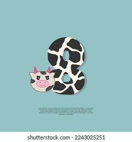 cow skin number 8 with cute cow sticker doodle icon