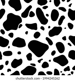 Cow skin pattern design. Animal print. Simple spots of cow, seamless background. Dalmatian dog texture. Wildlife fur skin for textile, surface, background, graphic design. Vector illustration