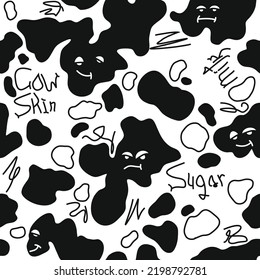 Cow skin. Seamless cute blots, graffiti pattern. Cow or dalmatian funny spots. Black and white. Animal print, texture. Vector background.
