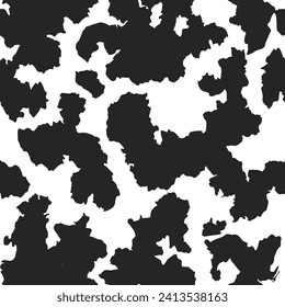 Cow skin seamless grunge texture, spotted pattern, black spots on a white background, animal print. Vector wallpaper 