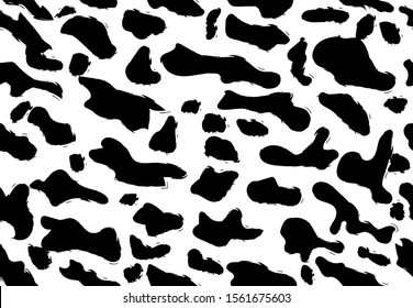 Cow skin seamless pattern vector. Dalmatian print. Black dog stains. Black textured cow spots on white texture. Geometric animal print. Dalmatian spotted texture