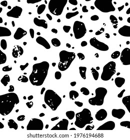 Cow skin, seamless texture. Grunge aged pattern. Black spots on white background. Animal print. Dalmatian dog, damage stains. Vector illustration.