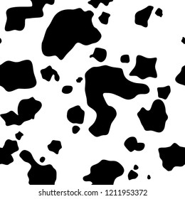 Cow skin texture, black and white spot repeated seamless pattern. Animal print dalmatian dog stains. Vector