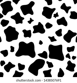 
Cow skin texture, black and white spot repeated seamless pattern. Animal print dalmatian dog stains. Vector