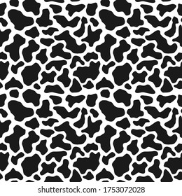 Cow skin texture, black and white spot repeated seamless pattern. Animal print dalmatian dog stains. Vector