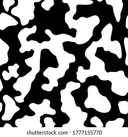 Cow skin texture, black and white spot repeated seamless pattern. Animal print dalmatian dog stains. Vector