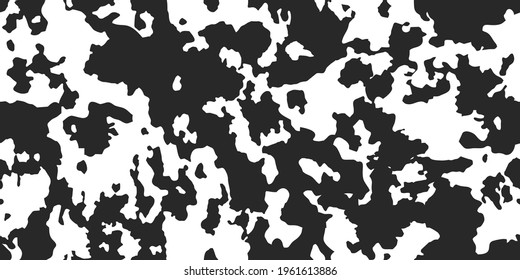 Cow skin texture, black and white spot repeated seamless pattern. Animal print dalmatian dog stains. Vector