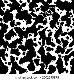 La textura cutánea de vaca, el punto blanco y negro repiten un patrón sin costura. Manchas dálmatas de perros impresas en animales. Vector