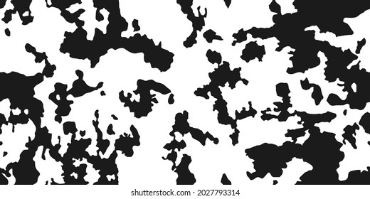 Cow skin texture, black and white spot repeated seamless pattern. Animal print dalmatian dog stains. Vector