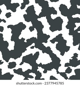 Cow skin texture, black and white spot repeated seamless pattern. Animal print dalmatian dog stains. Vector