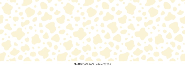 Cow skin vector seamless pattern. Yellow color animal skin texture background. Milk farm, dairy illustration for food, cosmetic package. Cartoon irregular spots wallpaper. Abstract doodle girly shapes