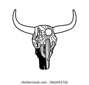 Cow Skull. American Desert Landscape Silhouette In Cow Skull. Vintage American Westerrn Symbol Hand Drawn Illustration Landscape.