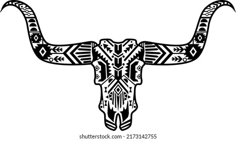 Cow Skull with Aztec Pattern illustation, Farm, Animal illustation, Bull Skull, Cowboy vector, Cow girl