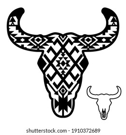 Cow skull with Aztec pattern. Vector illustration auroch skull with horns and southwest traditional ornament isolated on white background for design. 