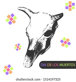 
Cow skull black and white with colorful elements and phrase Dia De Los Muertos.  Academic drawing. Decorative element for Day of the Dead. Animal bones, horns. White background. Isolated