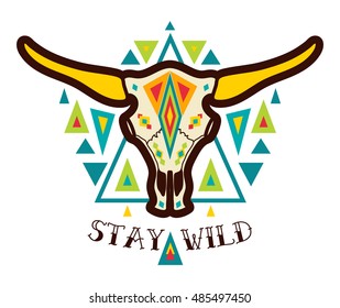 Cow skull in boho style. Old school tattoo. American native a trendy print on t-shirt, bag. Decorated in the style of the day of the dead bull skull with horns on white background