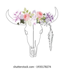 Cow Skull With a Bouquet of Flowers Isolated on white Outline Vector Illustration. Buffalo Skull. Dead Cow Skull.