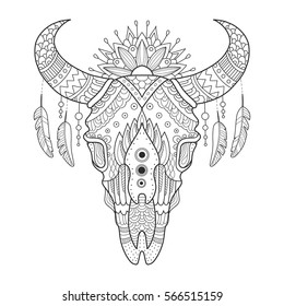 Cow skull coloring book vector illustration. Anti-stress coloring book for adult. Tattoo stencil. Black and white lines. Lace pattern