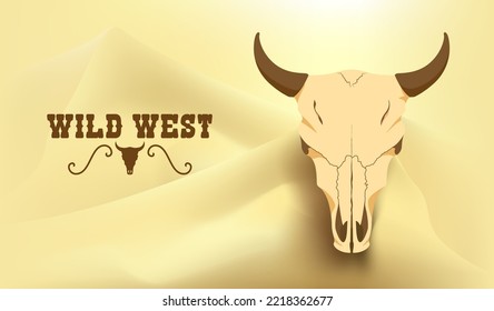 Cow skull in the desert on dunes vector abstract landscape background with blur sandstorm effect. West buffalo skull on sand. Hot sun through the sand in air. Blury sandy color backdrop design