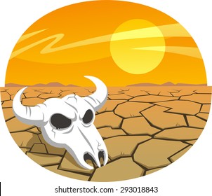 Cow skull in the desert at sunset, vector illustration cartoon