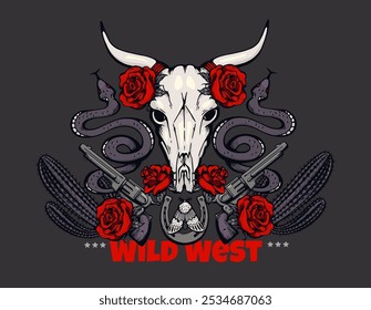 Cow skull design with horns, revolvers, roses and cacti. Western-style vector graphics featuring bones and flowers, perfect for retro or bohemian prints.